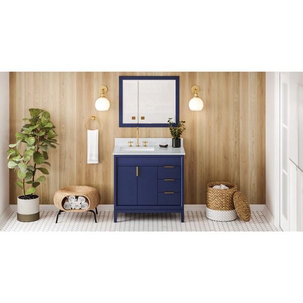 Jeffrey Alexander 36In. Hale Blue Theodora Vanity, Left Offset, White Carrara Marble Vanity Top, Undrmnt Rctngl Bowl VKITTHE36BLWCR - main